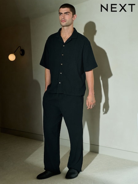 Black Cheesecloth Short Sleeve Pyjamas Set (F09707) | €41