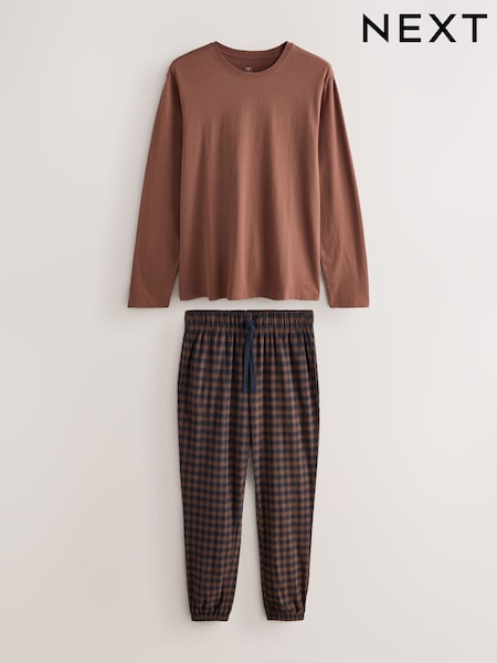 Rust Orange/Navy Blue Check Motionflex Cosy Long Sleeve Cuffed Pyjamas (F09715) | AED131