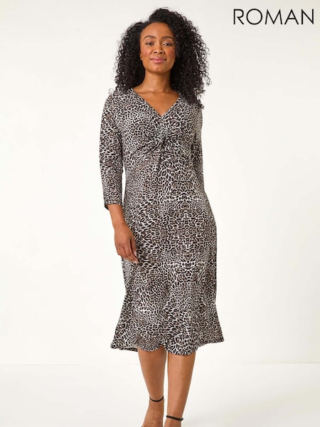 Roman Brown Petite Animal Print Twist Detail Midi Dress (F09734) | 247 QAR