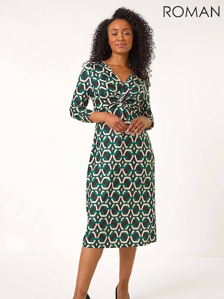 Roman Green Petite Geometric Twist Midi Dress (F09745) | 247 QAR