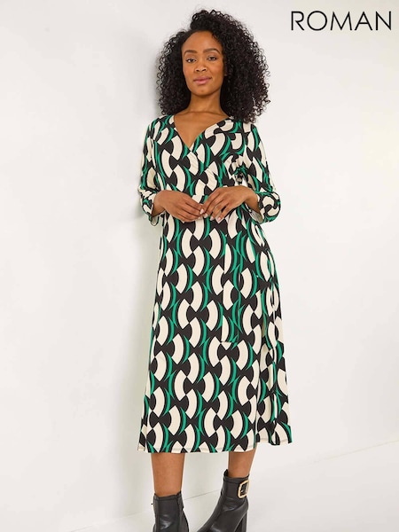 Roman Black Petite Geometric Print Tie Waist Midi Dress (F09763) | €63