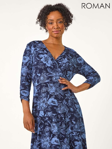 Roman Blue Petite Shadow Floral Wrap Stretch Dress (F09772) | €28