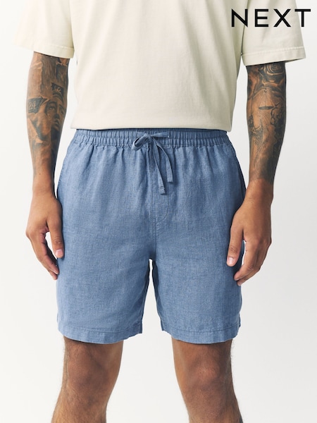 Azul - 100% Linen Drawstring Waist Shorts (F09929) | R$ 325