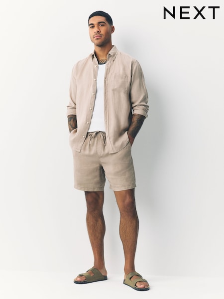 Pedra - 100% Linen Drawstring Waist Shorts (F09931) | R$ 325