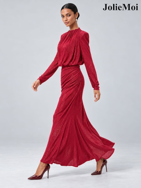 Red - Jolie Moi High Neck Ruched Shimmer Maxi Dress