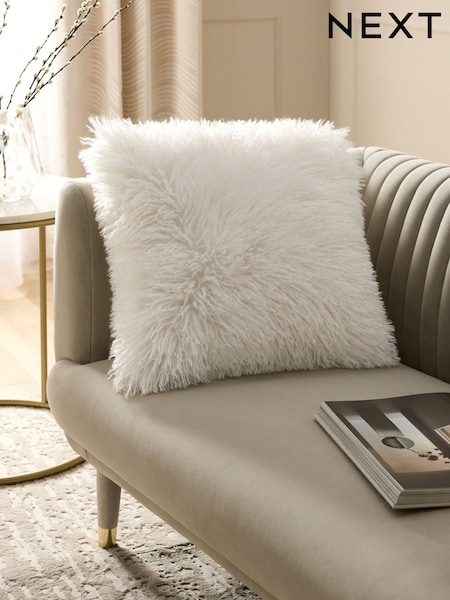 Ivory 43 x 43cm Mongolian Faux Fur Cushion (F11155) | 78 QAR