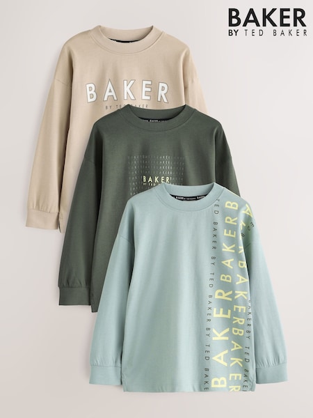 Baker by Ted Baker Khaki Green Stone Long Sleeve Graphic Print T-Shirts 3 Pack (F11482) | €40 - €49