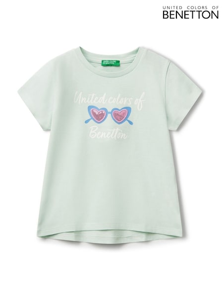 Vihreä - Benetton Tytöt Lyhyt hiha Paljetti 100% Cotton T-paita (2-6 v.) (F11694) | €22