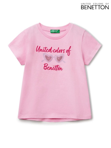 Vaaleanpunainen - Benetton Tytöt Lyhyt hiha Paljetti 100% Cotton T-paita (2-6 v.) (F11697) | €22