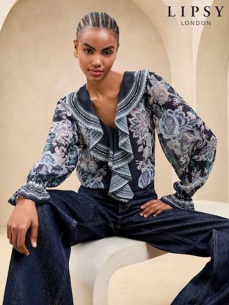 Lipsy Ruffle Front Ruffle Cuff Printed Blouse (F11947) | 234 LEI