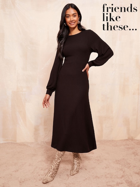 Friends Like These Black Long Sleeve Rib Batwing Midi Dress (F11966) | €31