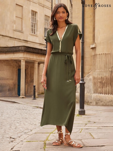Love & Roses Green Sequin Trim Hanky Hem Short Sleeve Midi Dress (F11971) | $83