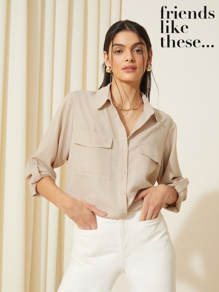 Friends Like These Neutral Long Sleeve Utility Style Button Through Shirt (F11978) | €30