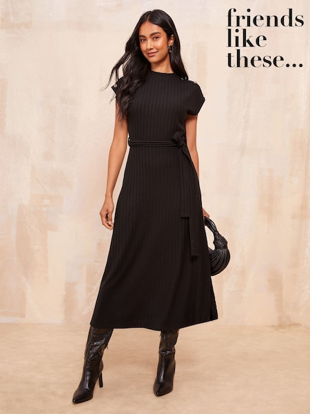 Friends Like These Black Button Shoulder Rib Midi Dress With Tie Belt Detailing (F12002) | 111 QAR