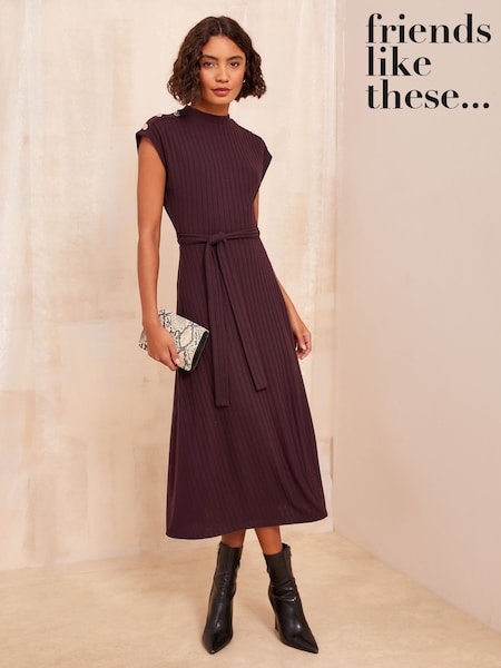 Friends Like These Red Button Shoulder Rib Midi Dress With Tie Belt Detailing (F12005) | €24