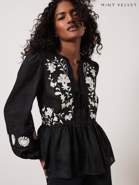 Mint Velvet Black Embroidered Detail Top (F12060) | AED577