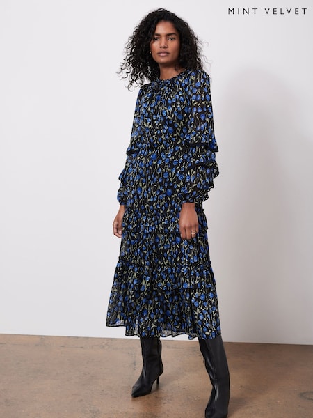 Mint Velvet Blue Floral Print Ruched Midi Dress (F12062) | ₪855