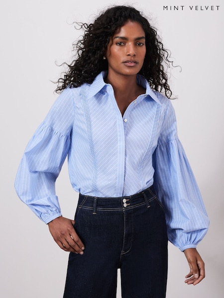 Mint Velvet Blue Striped Pintuck 100% Cotton Shirt (F12064) | AED230