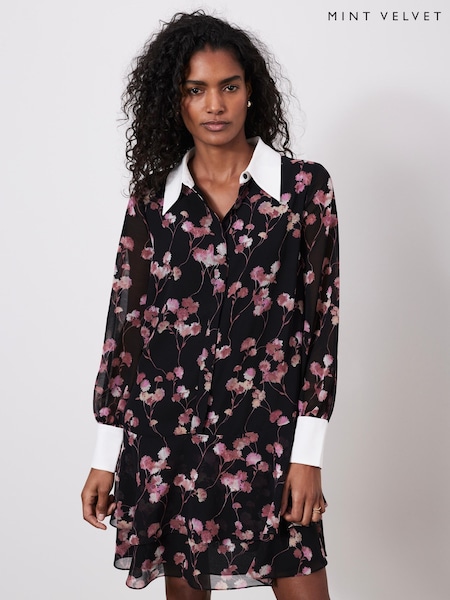 Mint Velvet Black Floral Print Mini Shirt Dress (F12076) | €186