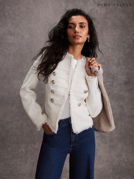 Mint Velvet White Boucle Military Jacket (F12079) | €230