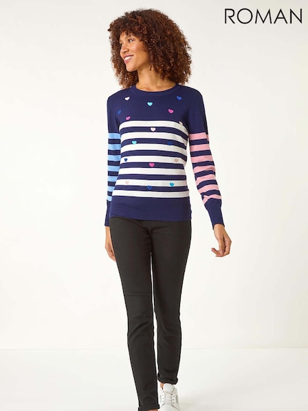 Roman Blue Stripe Heart Crew Neck Knit Jumper (F12265) | €51