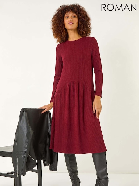 Roman Red Ribbed Drop Waist Stretch Midi Dress (F12266) | €63