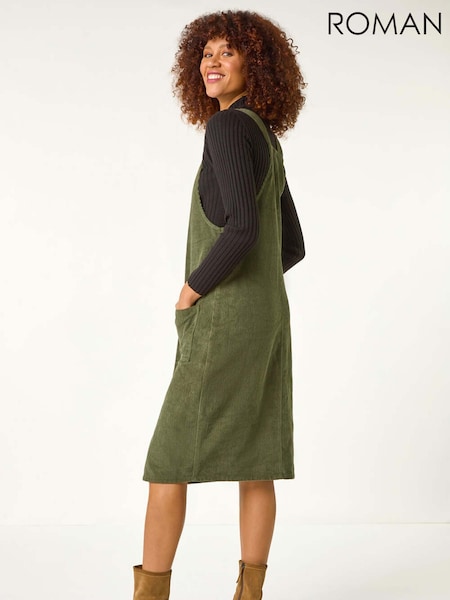 Roman Green Corduroy Pinafore Midi 100% Cotton Dress (F12267) | €58