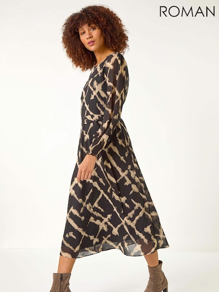 Roman Black Slash Print Belted Midi Dress (F12274) | €74