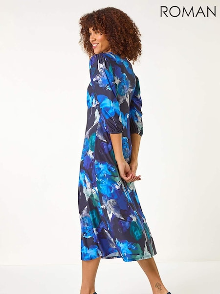 Roman Blue Floral Fit & Flare Midi Dress (F12275) | AED364
