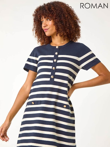 Azul - Roman Stripe Button A-Line Knit Dress (F12281) | R$ 605