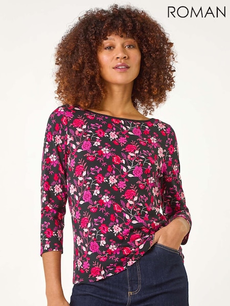 Roman Pink Floral Print Contrast Trim Top (F12292) | R$ 435