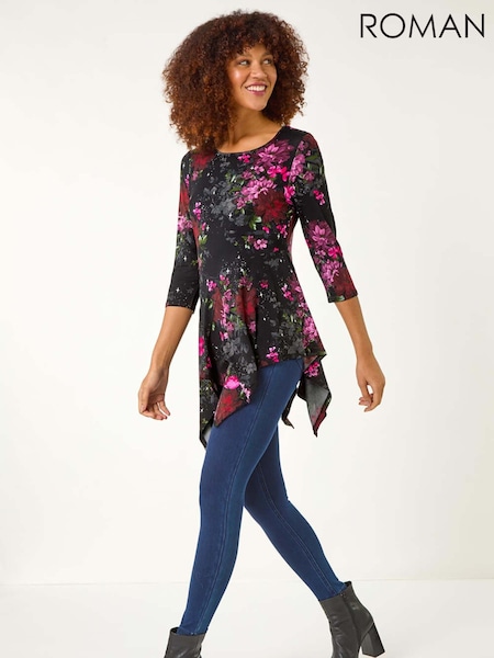 Roman Red Floral Print Hanky Hem Stretch Top (F12295) | €40
