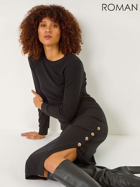 Roman Black Ribbed Button Detail Midi Dress (F12298) | €63