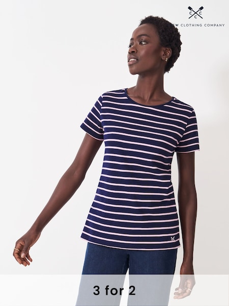 Crew Clothing Company Blue/Pink Breton Striped 100% Cotton T-Shirt (F12505) | kr357
