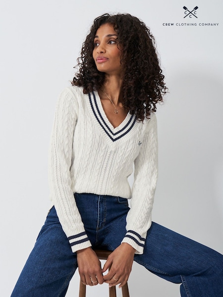Natural - Crew Clothing Cricket Cable Knit 100% Cotton Jumper (F12521) | 484 LEI