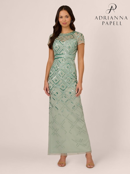 Adrianna Papell Green Beaded Long Column Dress (F12610) | €264
