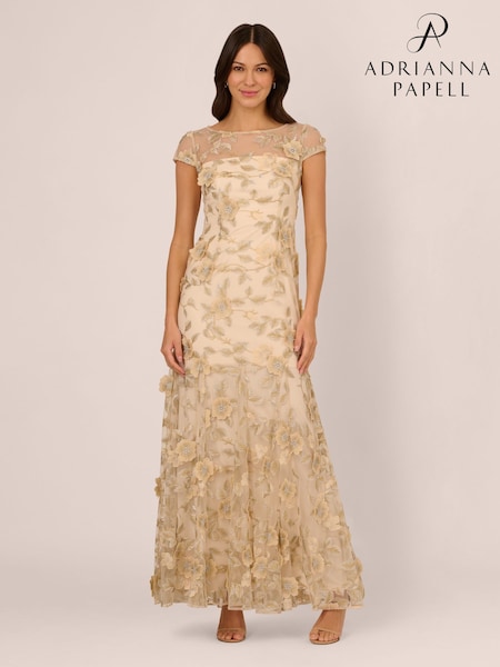Adrianna Papell Natural Floral Embroidered Godet Gown (F12613) | €396