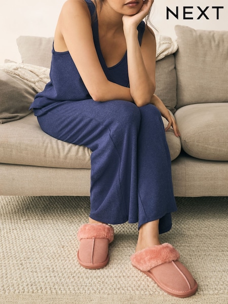 Peach Pink Suede Faux Fur Lined Mule Slippers (F12674) | R$ 190