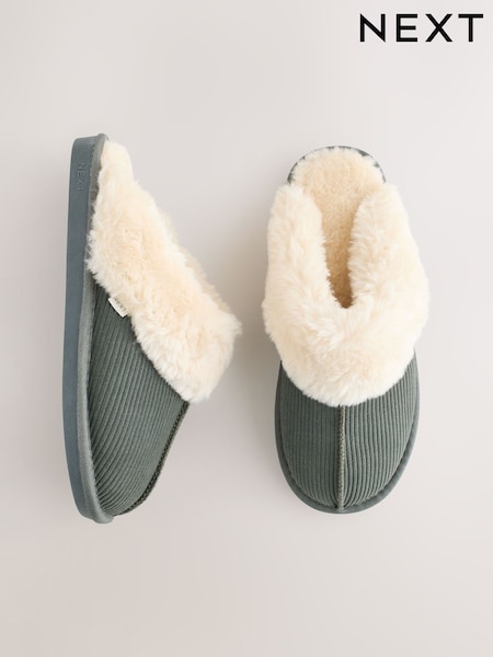 Verde cáqui - Suede Fauxed Fur Lined Mule Rib Slippers (F12677) | R$ 210