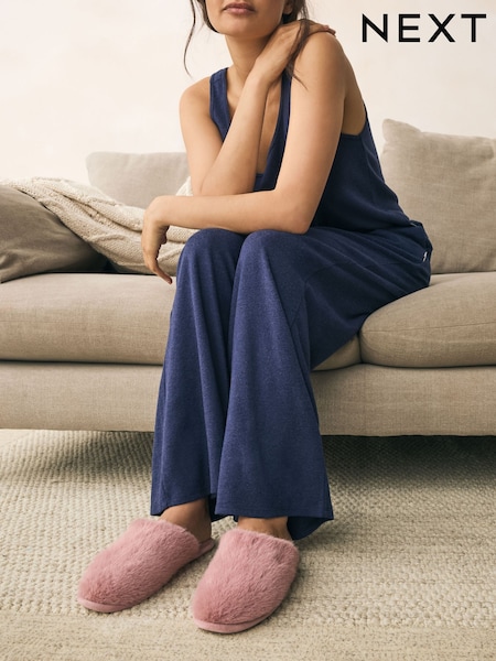 Pink Faux Fur Mule Slippers (F12683) | €14