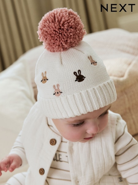Pink/Cream Embroidered Bunny Character Pom Knitted Hat (0mths-2yrs) (F12692) | 35 QAR