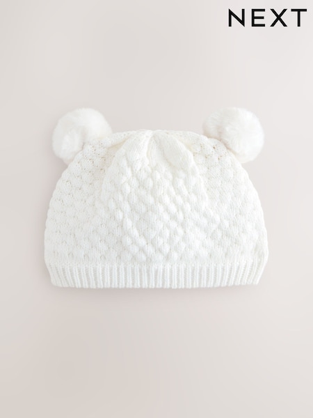 White Baby Double Pom Knitted Hat (0mths-2yrs) (F12693) | AED41