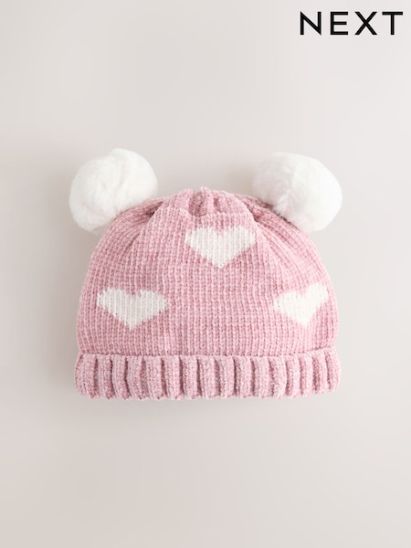 Pink - Baby Heart Print Double Pom Chenillle Knitted Hat (0mths-2yrs) (F12701) | 11 €