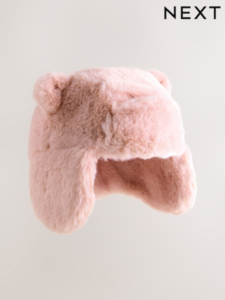 Pink Faux Fur Bear Embroidered Baby Trapper Hat (0mths-2yrs) (F12706) | €11
