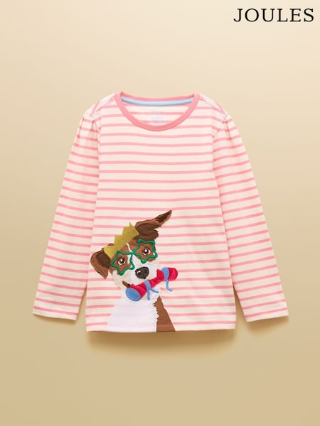 Joules Girls' Ava Pink and Cream Applique Long Sleeve Top (F12817) | €20.95 - €22.95
