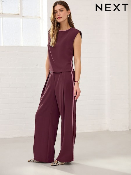 Burgundy Red Elastic Back Wide Leg Trousers With Pink Tipping (F12825) | €21