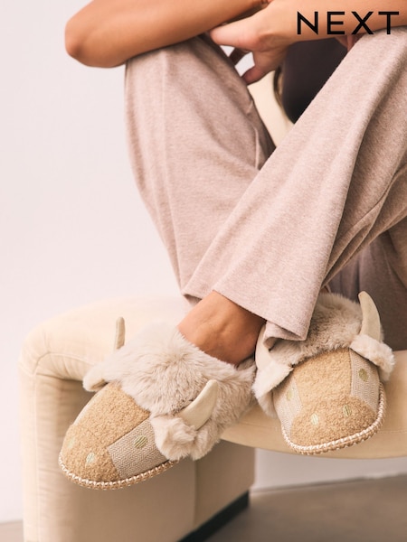 Neutral Hamish Cow 3D Faux Fur Mule Slippers (F12835) | R$ 140