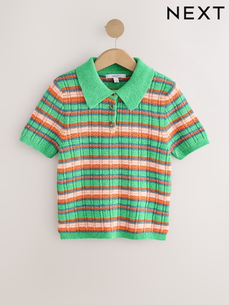 Bright Green Multi Stripe Short Sleeve Knitted Polo Top with Cotton (F12836) | €46