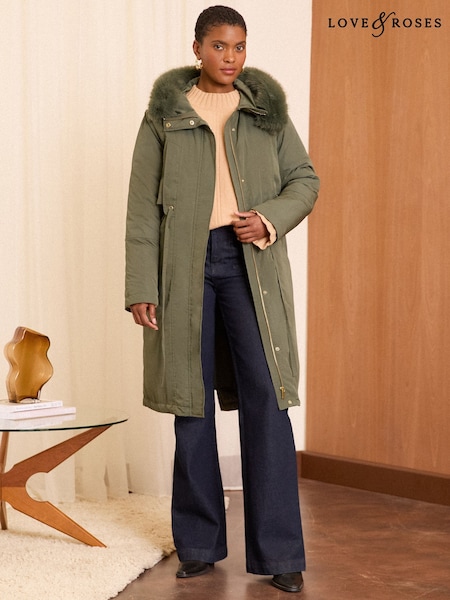 Love & Roses Shower Resistant Longline Padded Parka Coat (F12839) | 495 LEI