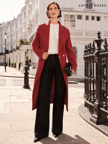 Love & Roses Red Shawl Collar Belted Coat (F12847) | R$ 910